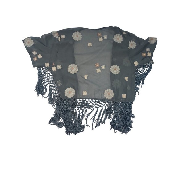 Hagel Sz L Gray Chiffon Open Front Cover Up Top Floral Kimono Tasseled - Picture 2 of 12